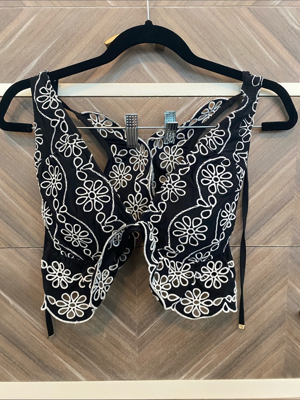 kate spade Black Bikini Top with White Floral Embroidery and Tie-Front